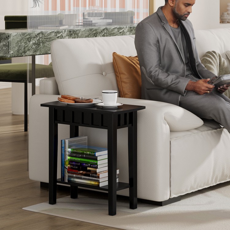 Narrow black wood end table with storage shelf, perfect for small spaces, beside a sofa in a modern living room.